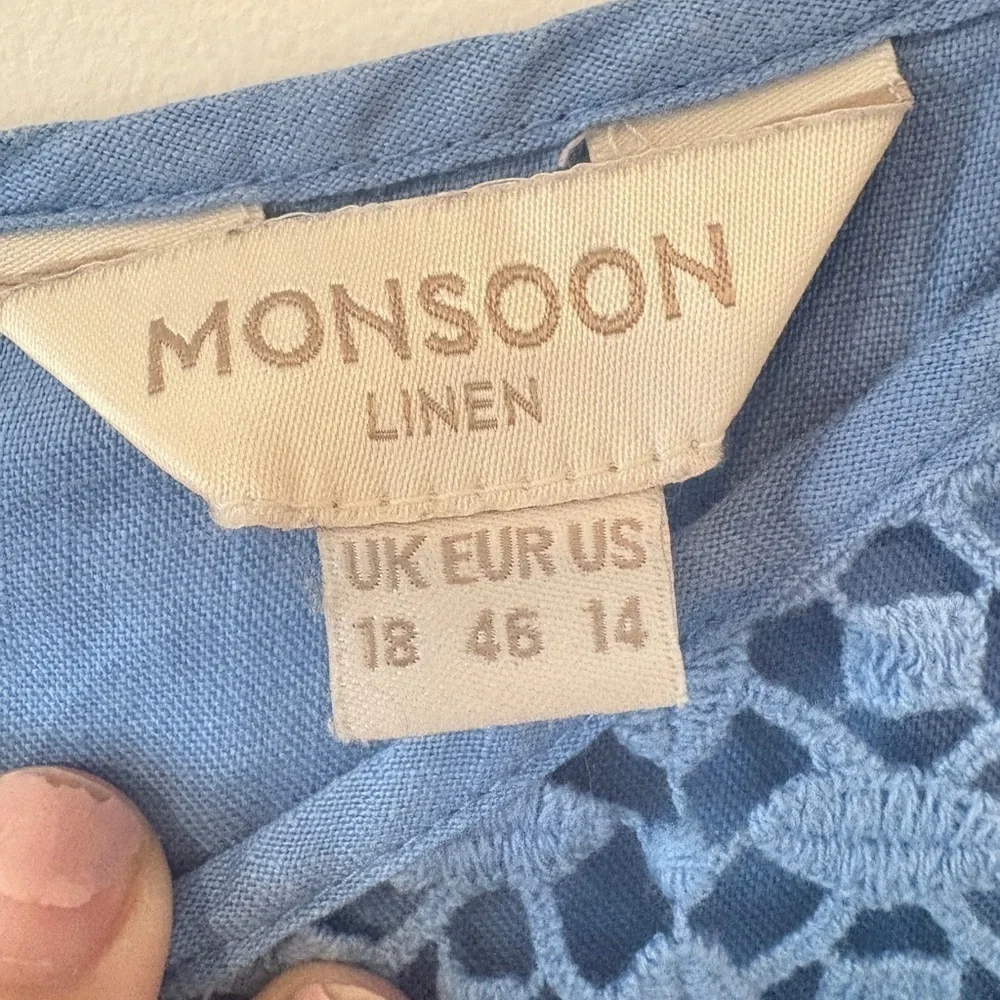 Monsoon Beautiful Blue Linen Summer Classic Crotchet Side Ruched Dress  14